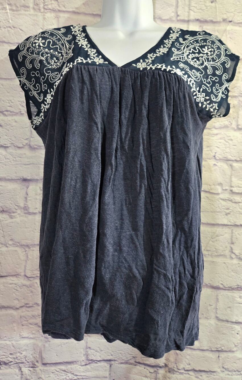 Lucky Brand Blue White Embroidered Sheer Bodice Top Small Lightweight